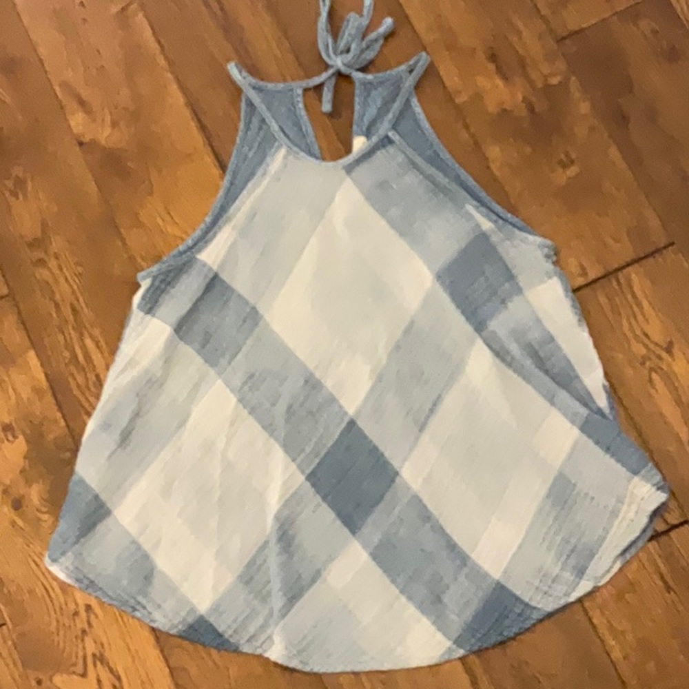 Blue plaid tie back tank top